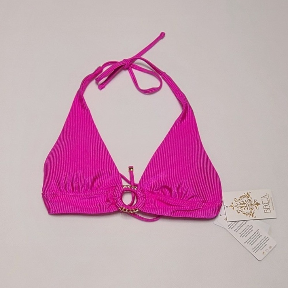 Becca Rebecca Virtue Hot Pink Ribbed Triangle Halter Bikini Top Gold Ring Medium